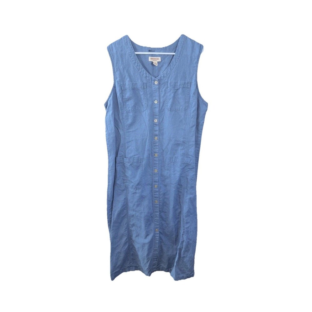 CROSSROADS Dress Blue Sleeveless Patch Pockets Midi 18W Buttons Linen Cotton
